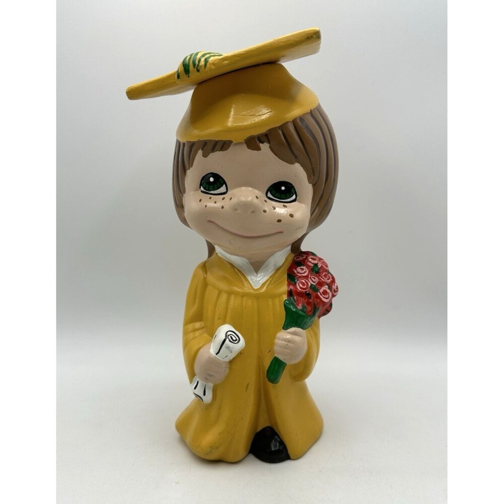 Vintage Atlantic Mold Ceramic Girl Graduate Figure Yellow Gown Dated 1985